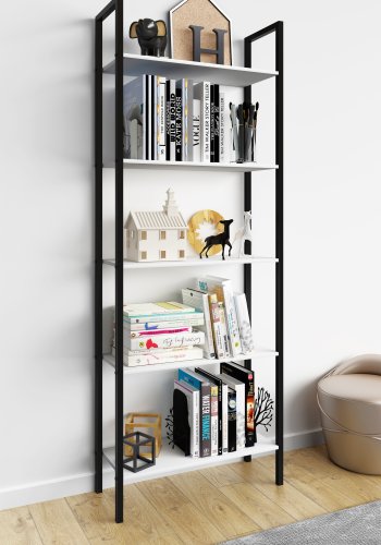 VCM NORDIC Flakos Bücherregal mit 5 Fächern, mit 5 Regalen – weißes Holz und Metall