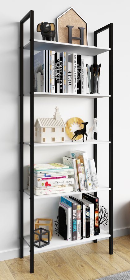 VCM NORDIC Flakos Bücherregal mit 5 Fächern, mit 5 Regalen – weißes Holz und Metall