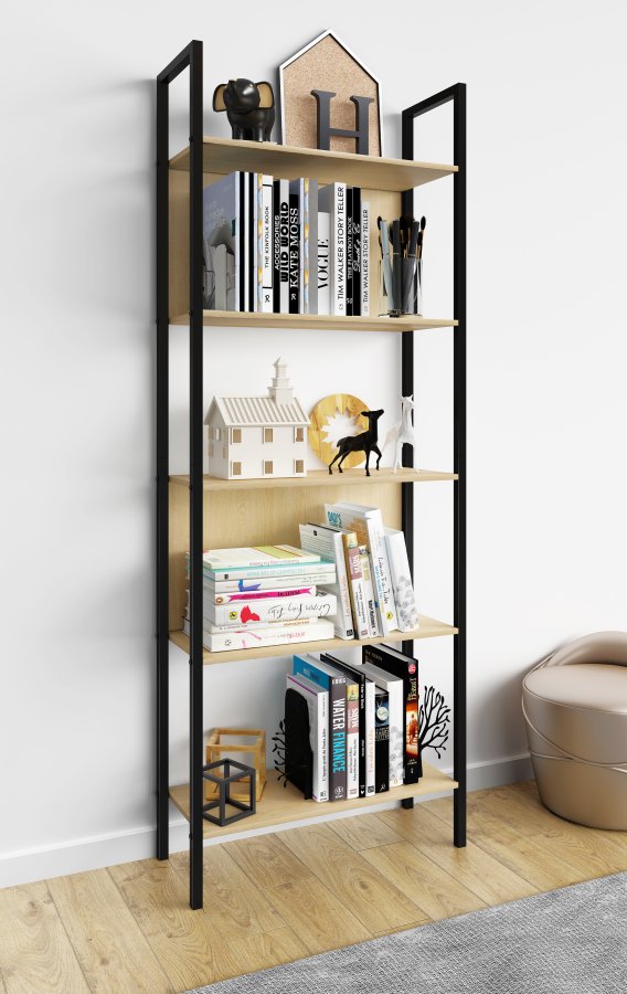 VCM NORDIC Flakos 5-Fach-Bücherregal mit 5 Regalen – Naturholz und Metall