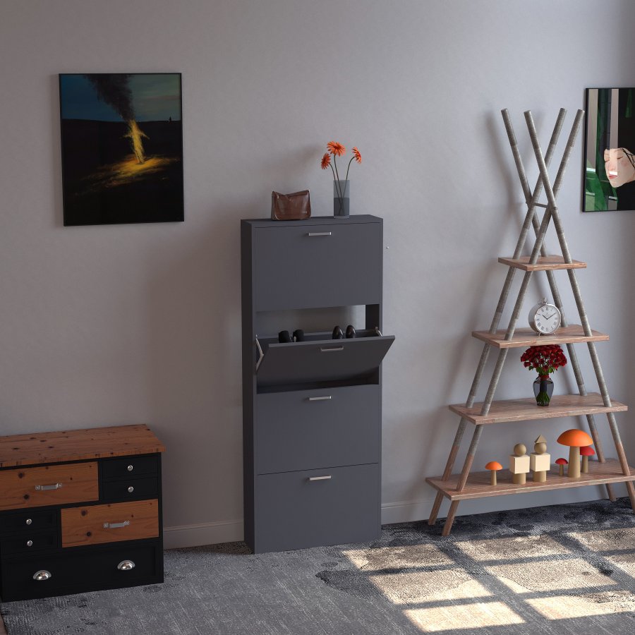 VCM NORDIC Sulos L Schuhschrank, m. 4 Türen - Anthrazitgraues Holz