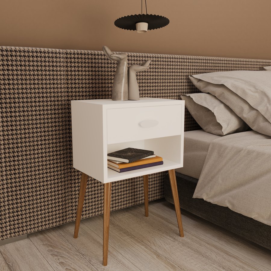 VCM NORDIC Singol XL Nachttisch, m. 1 Fach und 1 Schublade - Holz weiß (45x30)