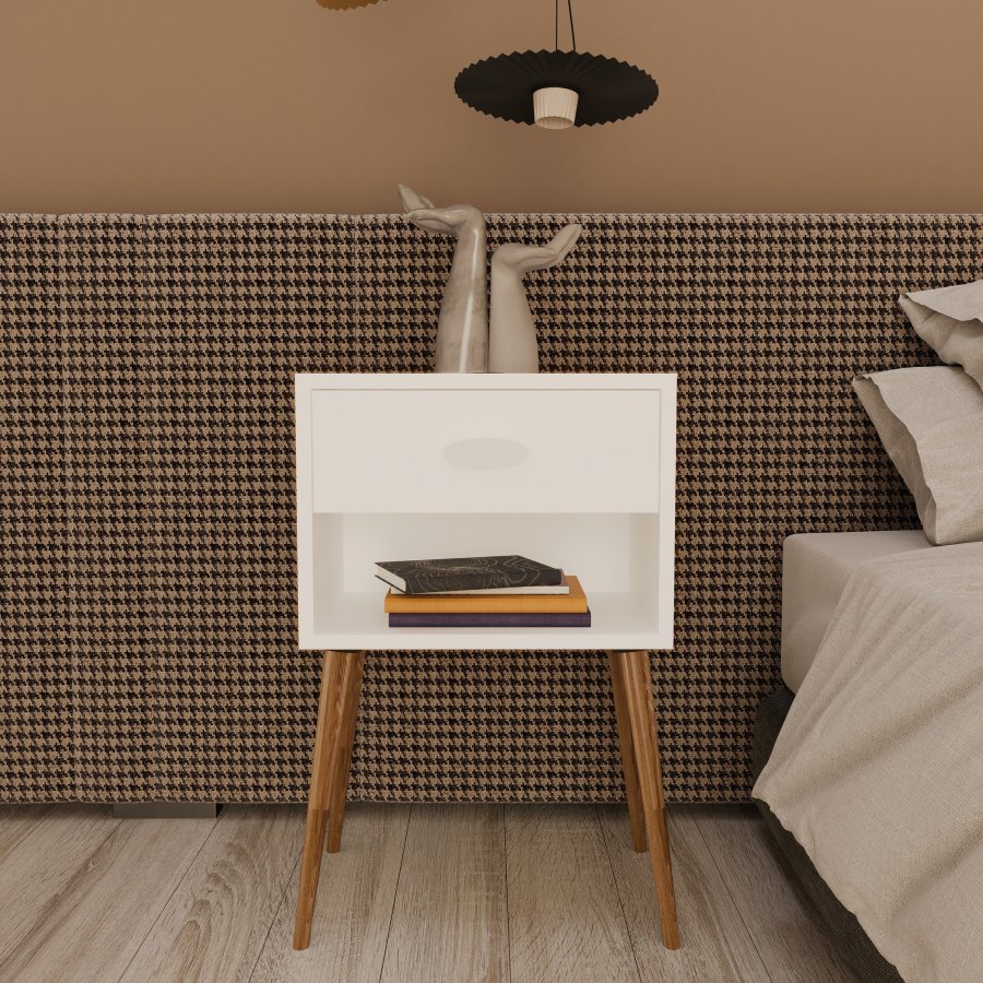 VCM NORDIC Singol XL Nachttisch, m. 1 Fach und 1 Schublade - Holz weiß (45x30)