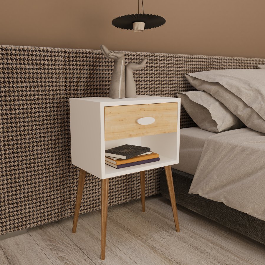 VCM NORDIC Singol XL Nachttisch, mit 1 Fach und 1 Schublade - Weiß/Naturholz (45x30)