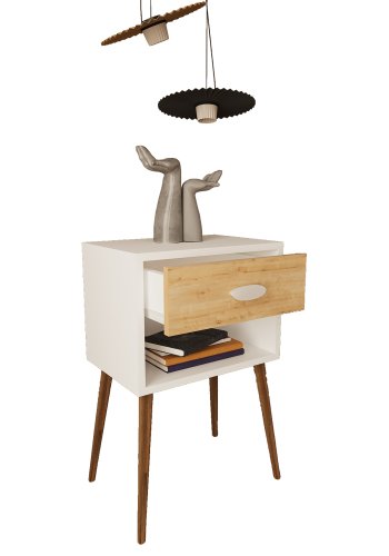 VCM NORDIC Singol XL Nachttisch, mit 1 Fach und 1 Schublade - Weiß/Naturholz (45x30)