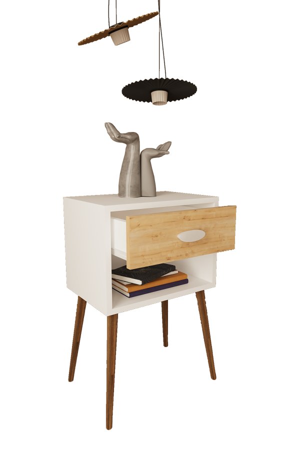 VCM NORDIC Singol XL Nachttisch, mit 1 Fach und 1 Schublade - Weiß/Naturholz (45x30)