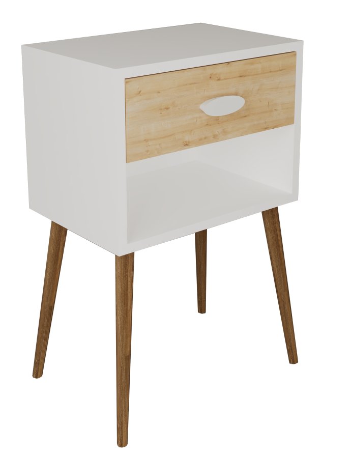 VCM NORDIC Singol XL Nachttisch, mit 1 Fach und 1 Schublade - Weiß/Naturholz (45x30)