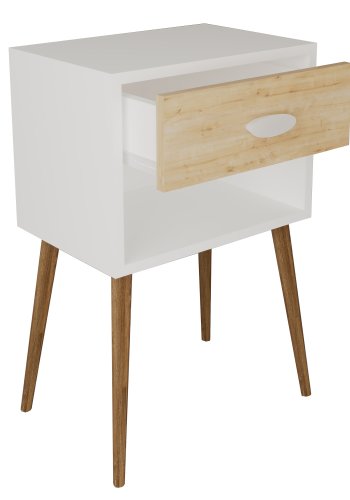 VCM NORDIC Singol XL Nachttisch, mit 1 Fach und 1 Schublade - Weiß/Naturholz (45x30)