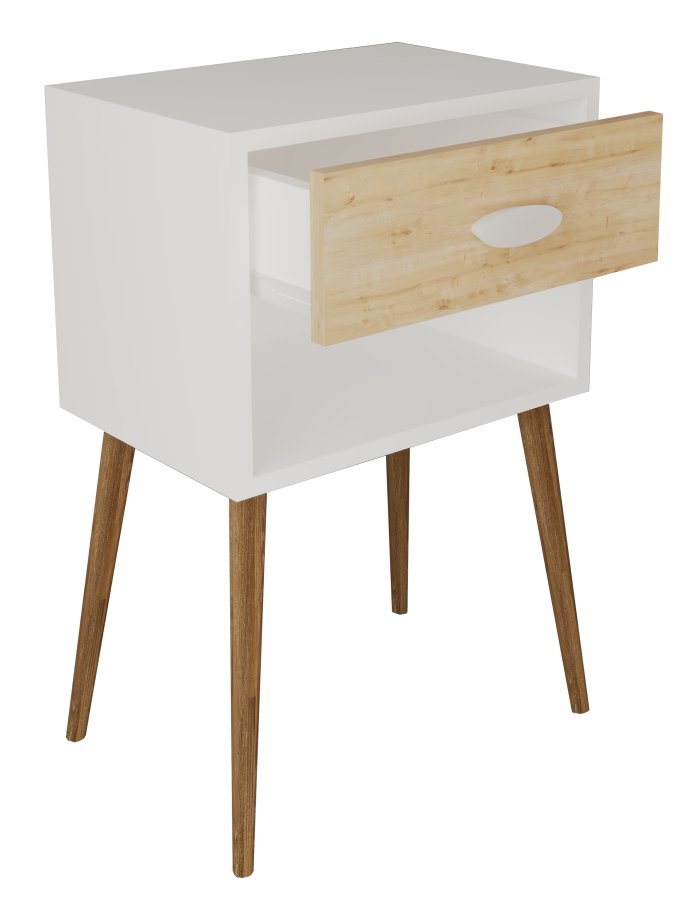 VCM NORDIC Singol XL Nachttisch, mit 1 Fach und 1 Schublade - Weiß/Naturholz (45x30)