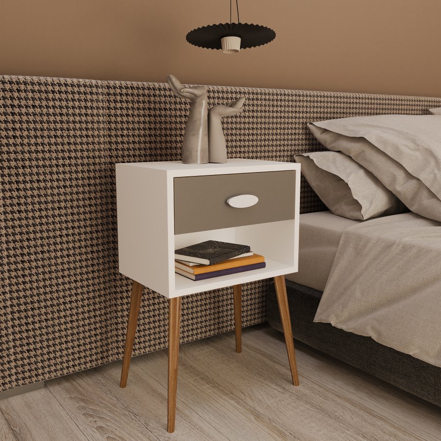 VCM NORDIC Singol XL Nachttisch, mit 1 Fach und 1 Schublade - Holz weiß/anthrazitgrau (45x30)