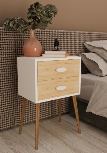 VCM NORDIC Singol XXL Nachttisch, m. 2 Schubladen - weiß/naturholz (45x30)