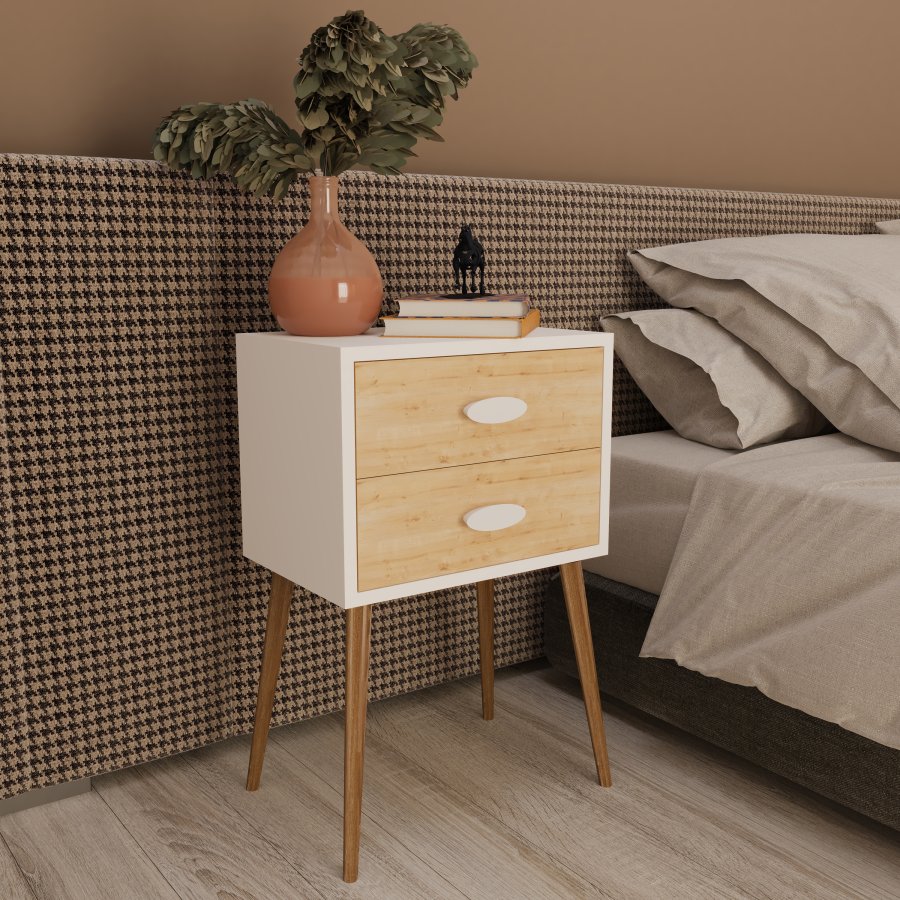 VCM NORDIC Singol XXL Nachttisch, m. 2 Schubladen - weiß/naturholz (45x30)