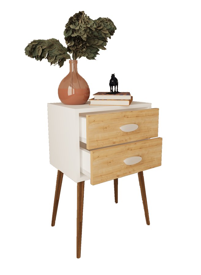 VCM NORDIC Singol XXL Nachttisch, m. 2 Schubladen - weiß/naturholz (45x30)