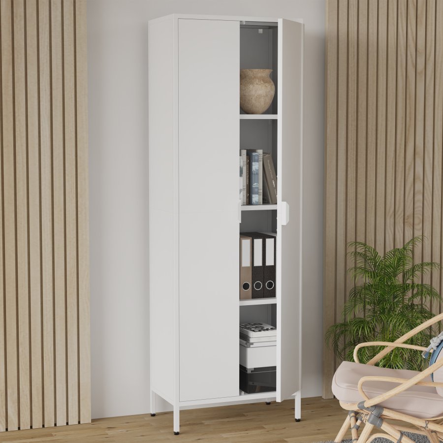 VCM NORDIC Flokas XL Schrank, m. 2 Türen und 3 Einlegeböden - weißer Stahl