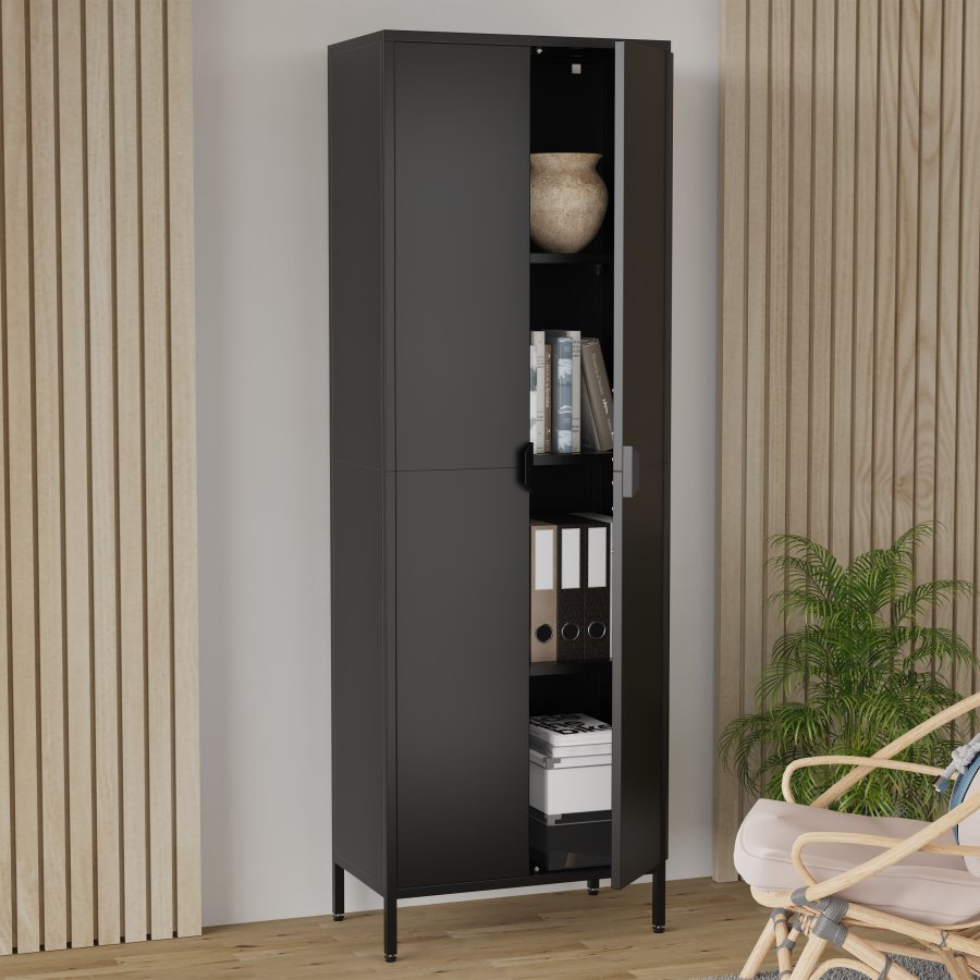 VCM NORDIC Flokas XL Schrank, m. 2 Türen und 3 Einlegeböden - schwarzer Stahl