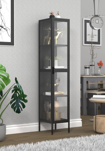 VCM NORDIC Floka XL Vitrine, m. 1 Tür und 3 Einlegeböden - Glas und schwarzer Stahl