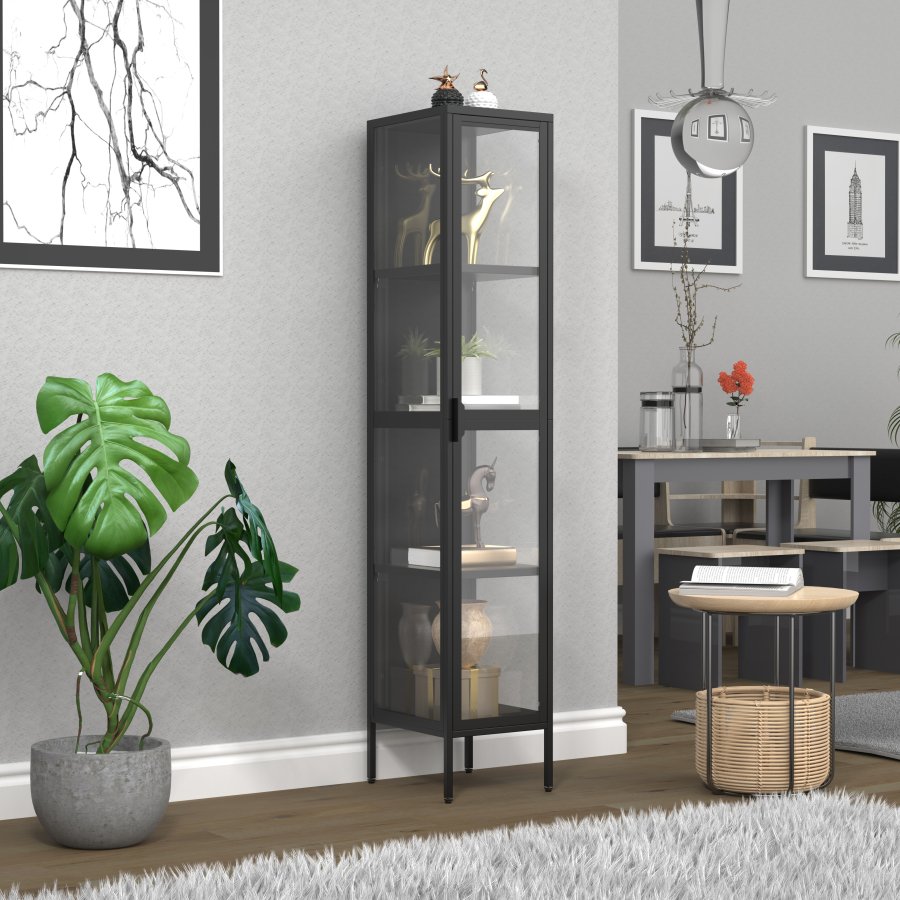 VCM NORDIC Floka XL Vitrine, m. 1 Tür und 3 Einlegeböden - Glas und schwarzer Stahl