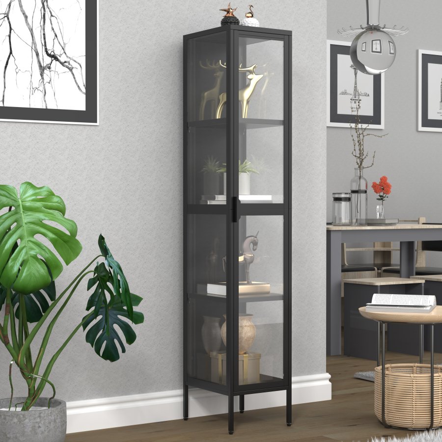 VCM NORDIC Floka XL Vitrine, m. 1 Tür und 3 Einlegeböden - Glas und schwarzer Stahl