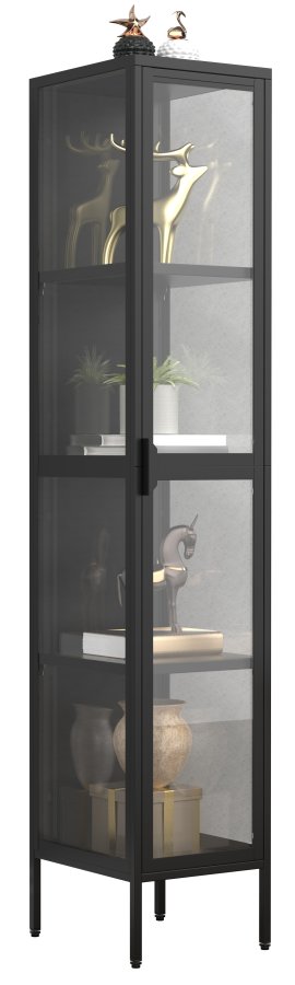 VCM NORDIC Floka XL Vitrine, m. 1 Tür und 3 Einlegeböden - Glas und schwarzer Stahl