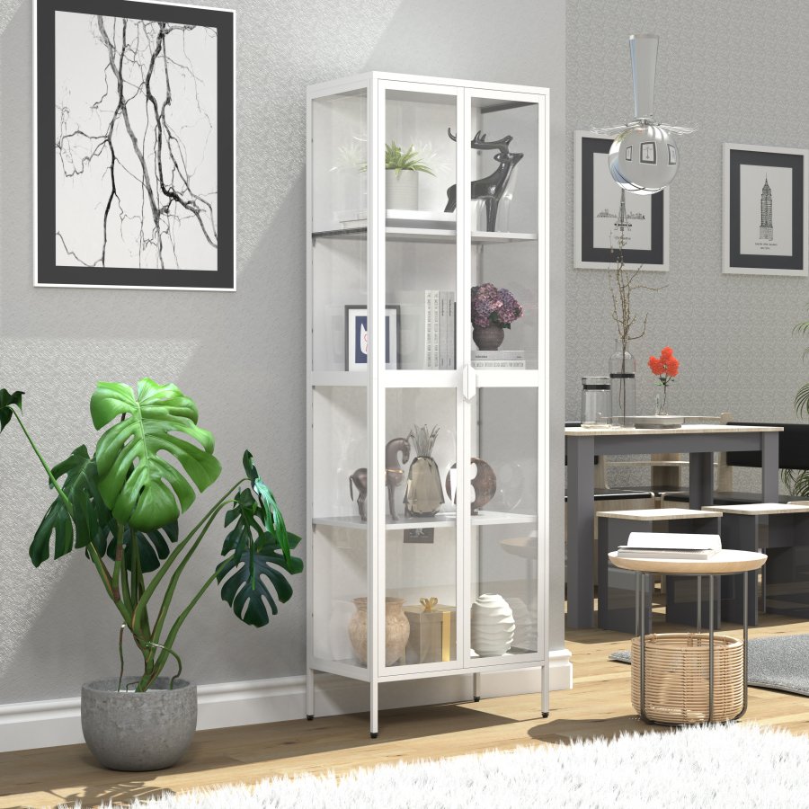 VCM NORDIC Floka XXL vitrineskap, m. 2 drer og 3 hyller - glass og hvitt stl