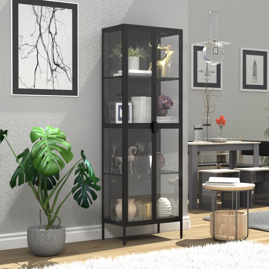 VCM NORDIC Floka XXL Vitrine, mit 2 Türen und 3 Einlegeböden - Glas und schwarzer Stahl