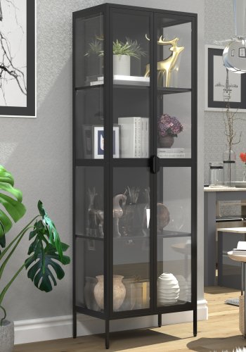 VCM NORDIC Floka XXL Vitrine, mit 2 Türen und 3 Einlegeböden - Glas und schwarzer Stahl