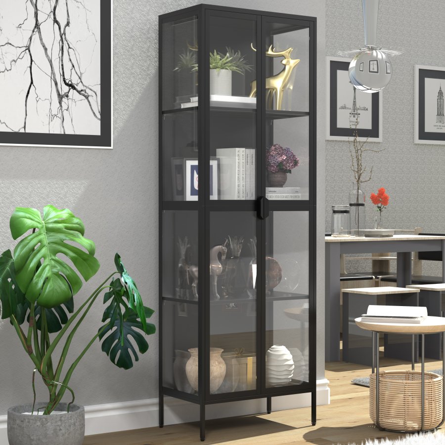 VCM NORDIC Floka XXL Vitrine, mit 2 Türen und 3 Einlegeböden - Glas und schwarzer Stahl