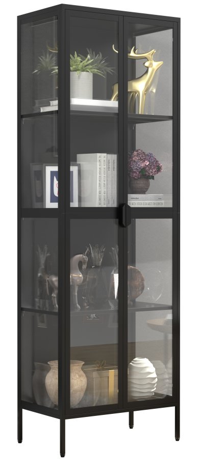 VCM NORDIC Floka XXL Vitrine, mit 2 Türen und 3 Einlegeböden - Glas und schwarzer Stahl