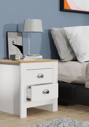 VCM NORDIC Balusa Nachttisch, m. 2 Schubladen - Weiß/Naturholz (45x40)