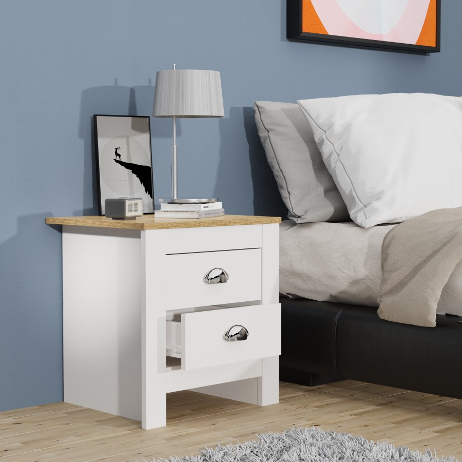 VCM NORDIC Balusa Nachttisch, m. 2 Schubladen - Weiß/Naturholz (45x40)