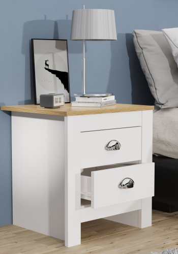 VCM NORDIC Balusa Nachttisch, m. 2 Schubladen - Weiß/Naturholz (45x40)