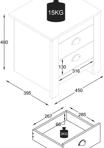 VCM NORDIC Balusa Nachttisch, m. 2 Schubladen - Weiß/Naturholz (45x40)