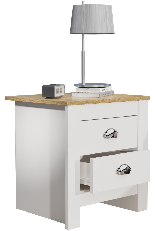 VCM NORDIC Balusa Nachttisch, m. 2 Schubladen - Weiß/Naturholz (45x40)