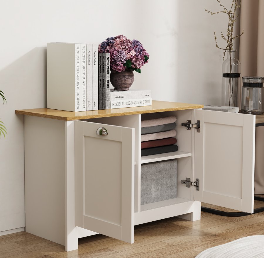 VCM NORDIC Balusa M Kommode, mit 2 Türen und 2 Einlegeböden - Weiß/Naturholz