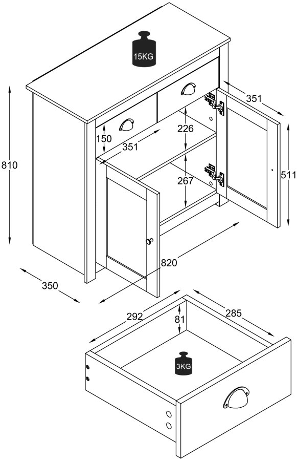 VCM NORDIC Balusa L kommode, m. 2 drer, 2 skuffer og 1 hylle - hvit/naturtre