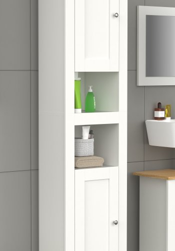 VCM NORDIC Balusa Badezimmerschrank Hoch, mit 4 Türen und 4 Einlegeböden – Weiß/Naturholz