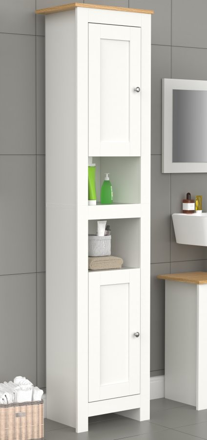 VCM NORDIC Balusa Badezimmerschrank Hoch, mit 4 Türen und 4 Einlegeböden – Weiß/Naturholz