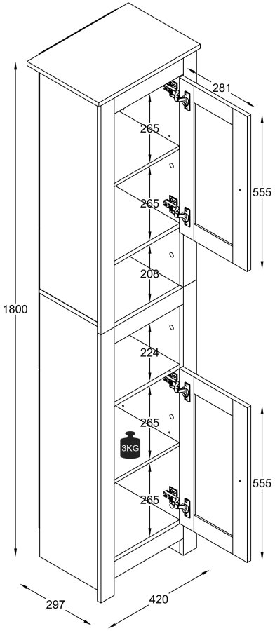 VCM NORDIC Balusa Badezimmerschrank Hoch, mit 4 Türen und 4 Einlegeböden – Weiß/Naturholz
