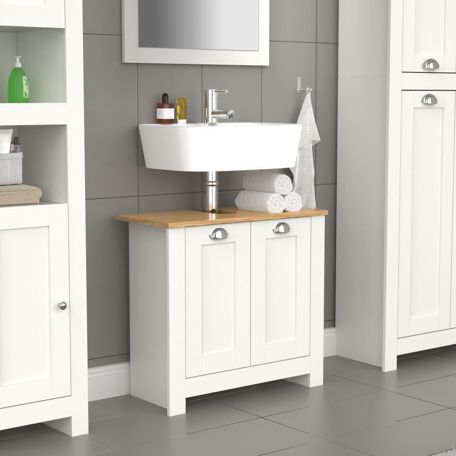 VCM NORDIC Balusa M Badezimmer-Unterschrank für Waschbecken, mit 2 Türen - Weiß/Naturholz