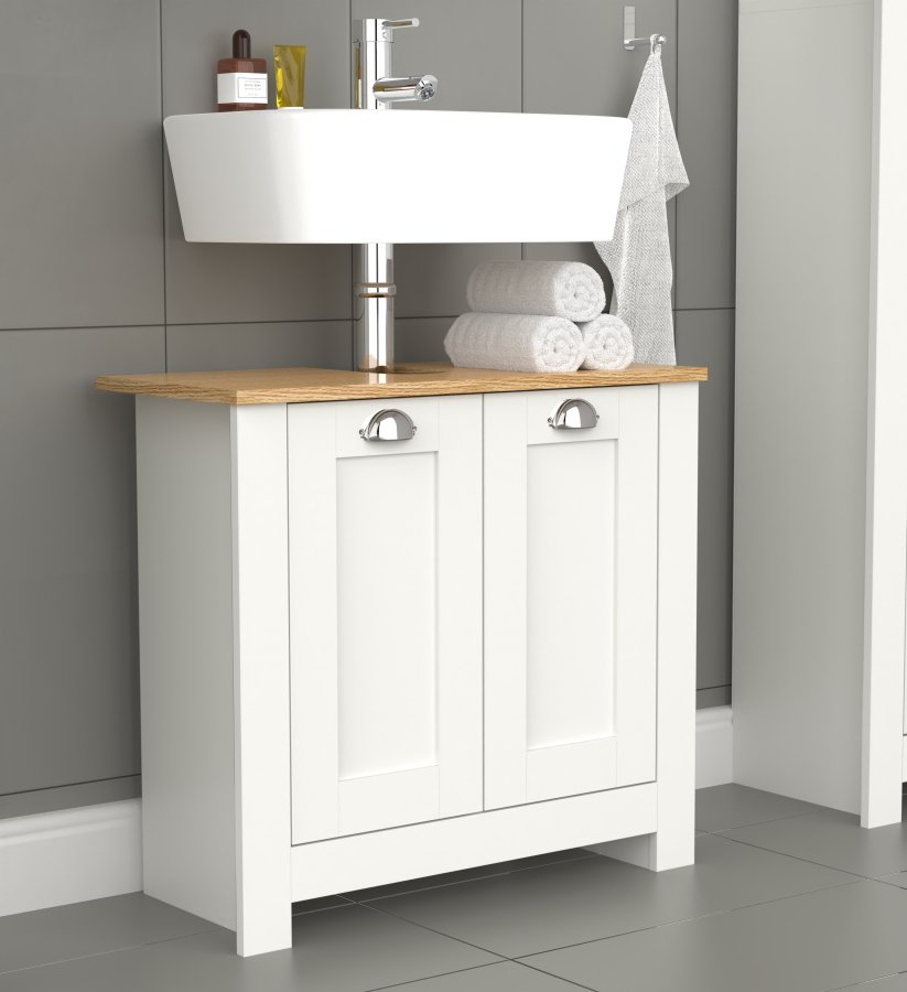 VCM NORDIC Balusa M Badezimmer-Unterschrank für Waschbecken, mit 2 Türen - Weiß/Naturholz