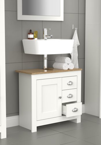 VCM NORDIC Balusa L Badezimmer-Waschtischunterschrank für Waschbecken, mit 1 Tür, 3 Schubladen - Weiß/Naturholz