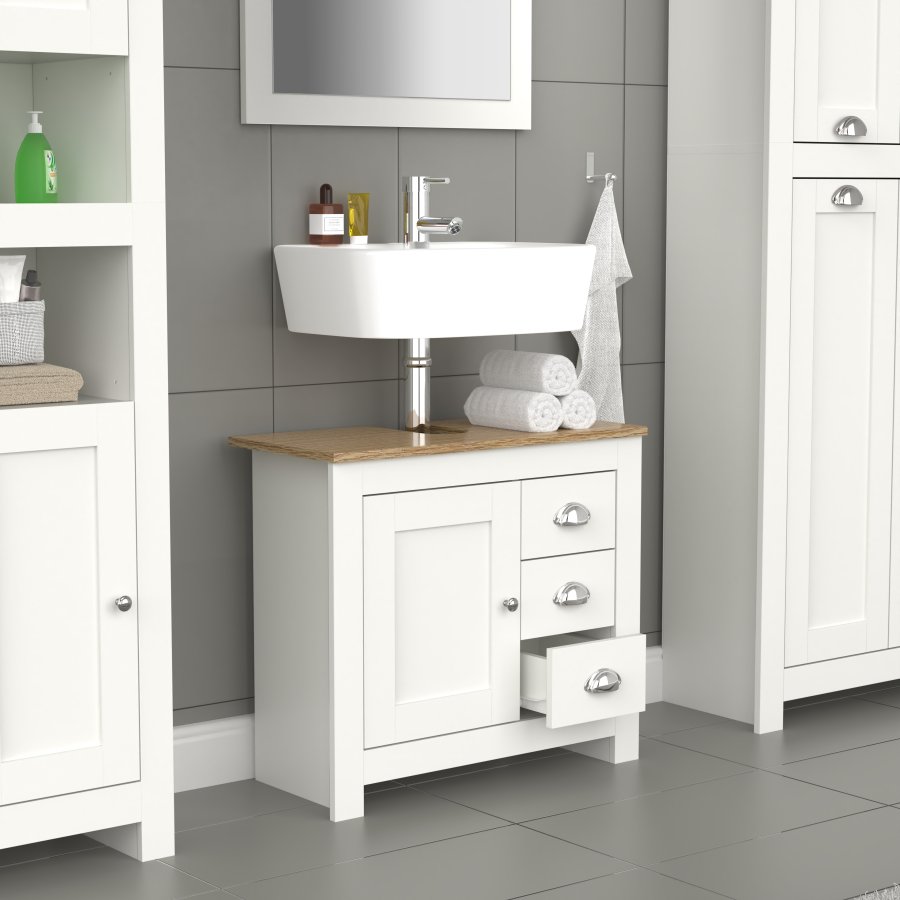 VCM NORDIC Balusa L Badezimmer-Waschtischunterschrank für Waschbecken, mit 1 Tür, 3 Schubladen - Weiß/Naturholz