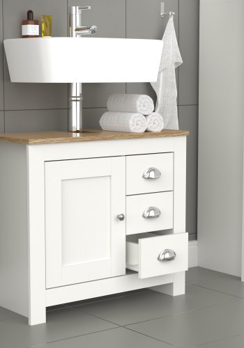 VCM NORDIC Balusa L Badezimmer-Waschtischunterschrank für Waschbecken, mit 1 Tür, 3 Schubladen - Weiß/Naturholz