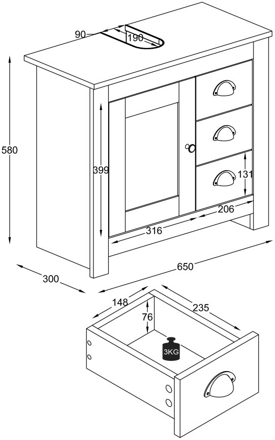 VCM NORDIC Balusa L Badezimmer-Waschtischunterschrank für Waschbecken, mit 1 Tür, 3 Schubladen - Weiß/Naturholz
