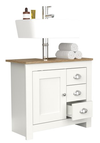 VCM NORDIC Balusa L Badezimmer-Waschtischunterschrank für Waschbecken, mit 1 Tür, 3 Schubladen - Weiß/Naturholz