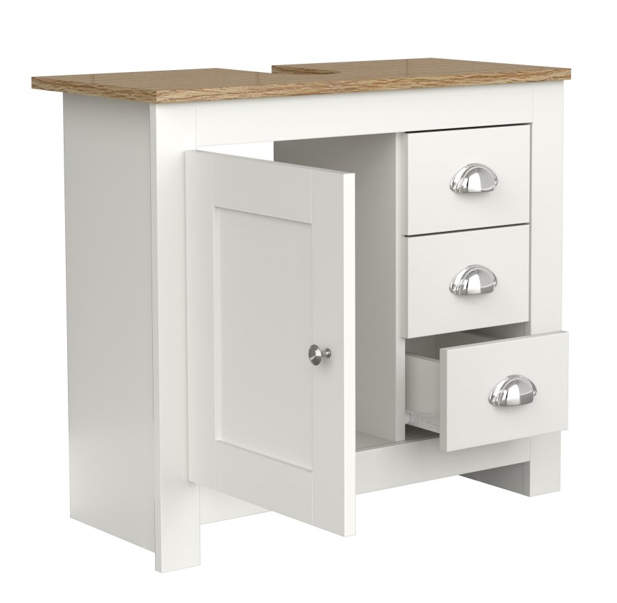 VCM NORDIC Balusa L Badezimmer-Waschtischunterschrank für Waschbecken, mit 1 Tür, 3 Schubladen - Weiß/Naturholz