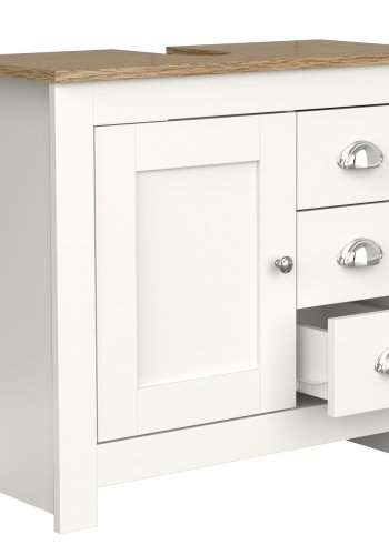 VCM NORDIC Balusa L Badezimmer-Waschtischunterschrank für Waschbecken, mit 1 Tür, 3 Schubladen - Weiß/Naturholz