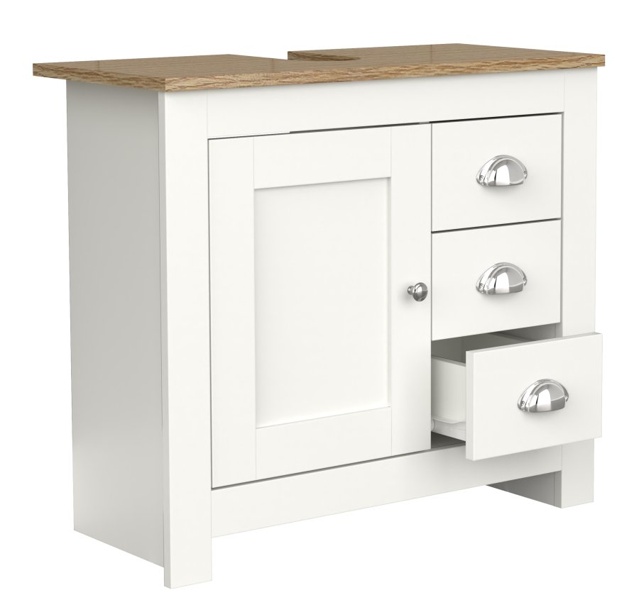 VCM NORDIC Balusa L Badezimmer-Waschtischunterschrank für Waschbecken, mit 1 Tür, 3 Schubladen - Weiß/Naturholz