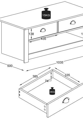 VCM NORDIC Balusa Couchtisch, mit 1 offenen Fach und 2 Schubladen – Natur/Weißholz (104x50)