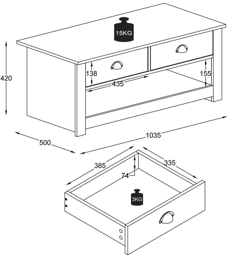 VCM NORDIC Balusa Couchtisch, mit 1 offenen Fach und 2 Schubladen – Natur/Weißholz (104x50)