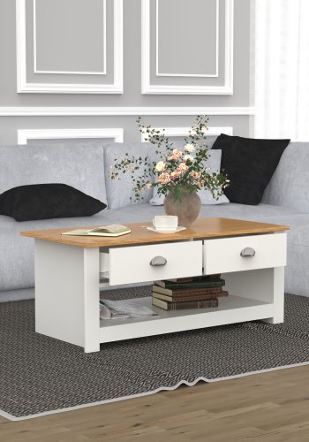 VCM NORDIC Balusa Couchtisch, mit 1 offenen Fach und 2 Schubladen – Natur/Weißholz (104x50)